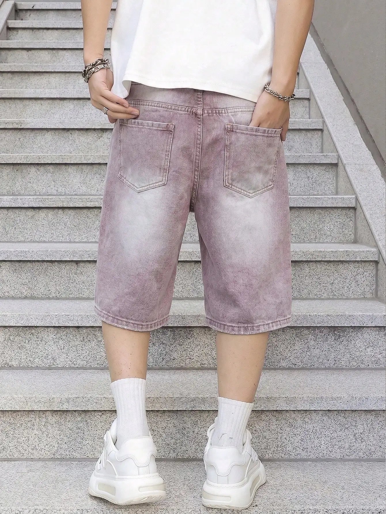 Men Vintage Baggy Distressed Denim Shorts Gradient Wash Ripped Straight High Street Trendy Casual Cargo Summer Jeans Short