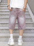 Men Vintage Baggy Distressed Denim Shorts Gradient Wash Ripped Straight High Street Trendy Casual Cargo Summer Jeans Short
