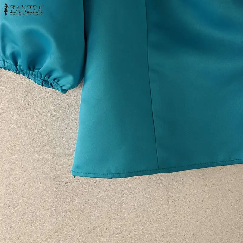 ZANZEA Elegant Princess Seams Satin Blouses Woman Boat Neck Puff Sleeves Solid Color Party Crop Tops Summer Graceful Blusa Mujer