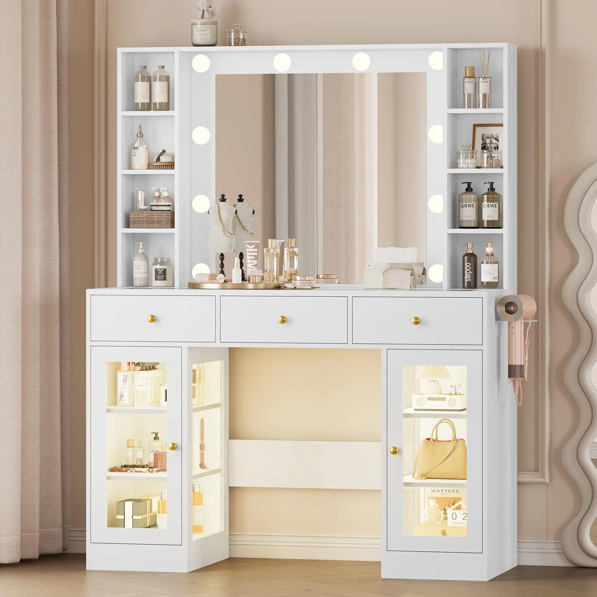 Makeup Vanity Desk with Mirror and Lights, Black Vanity with Glass Top, LED Lights & Power Outlet, 3 Drawers & 2 RGB