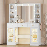 Makeup Vanity Desk with Mirror and Lights, Black Vanity with Glass Top, LED Lights & Power Outlet, 3 Drawers & 2 RGB
