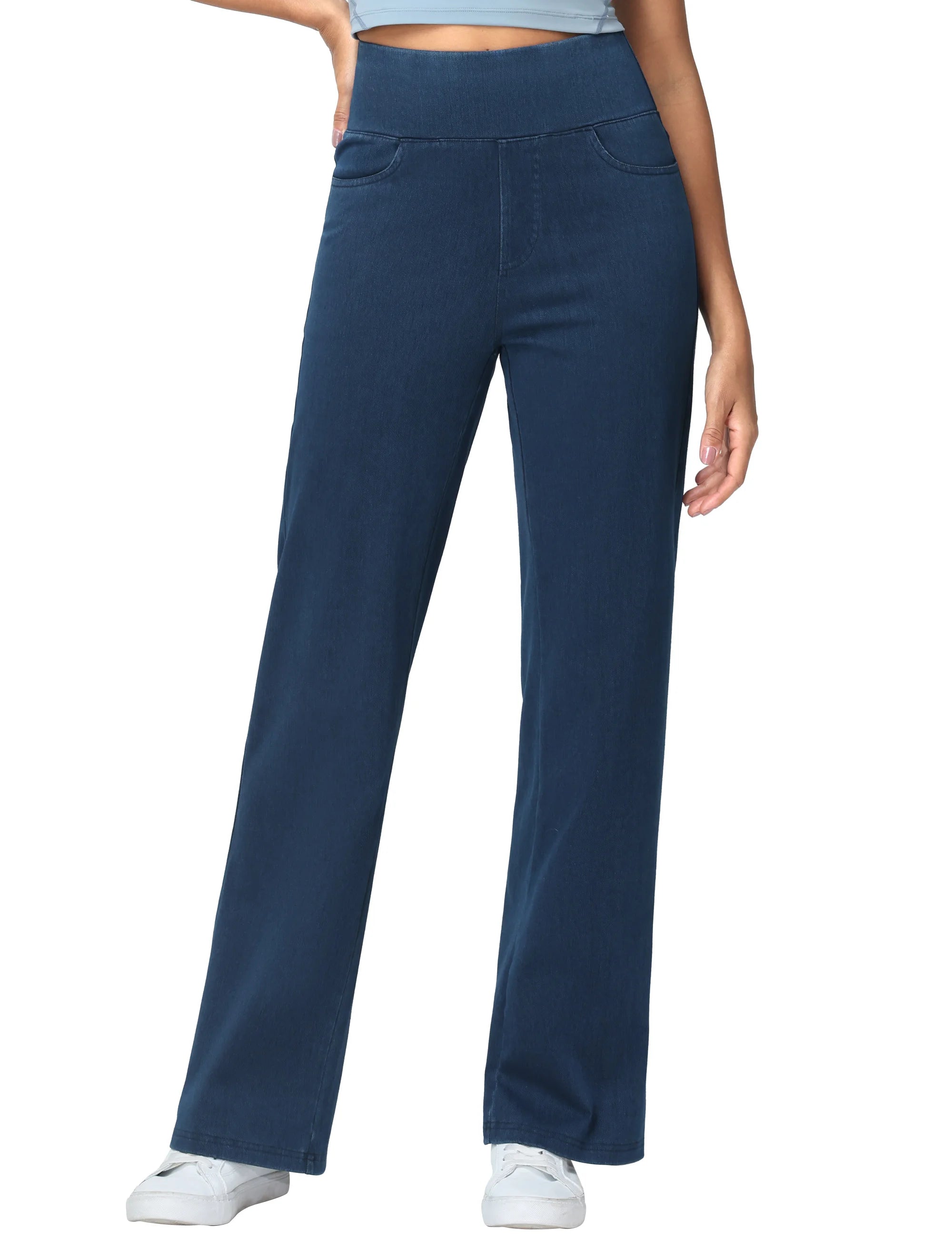 THE GYM PEOPLE Women's Wide Leg Jeans High Waisted Pull on Stretchy Baggy Basic Straight Denim Pants with Pockets