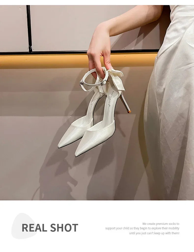 New One line Ribbon White Wedding Shoes Sweet Bow Bridal Shoes Large Heels
