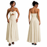 Women Strapless Twist Cutout Maxi Dress Ruched Waist Flowy A Line Long Tube Top Dress Summer Beach Vacation Casual Sundress