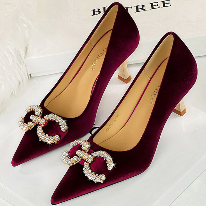 Luxury Women 7cm High Heels Wedding Replica Pumps Lady Luxury Designer Metal Chain Buckle High Heels Stiletto Women Dress Shoes