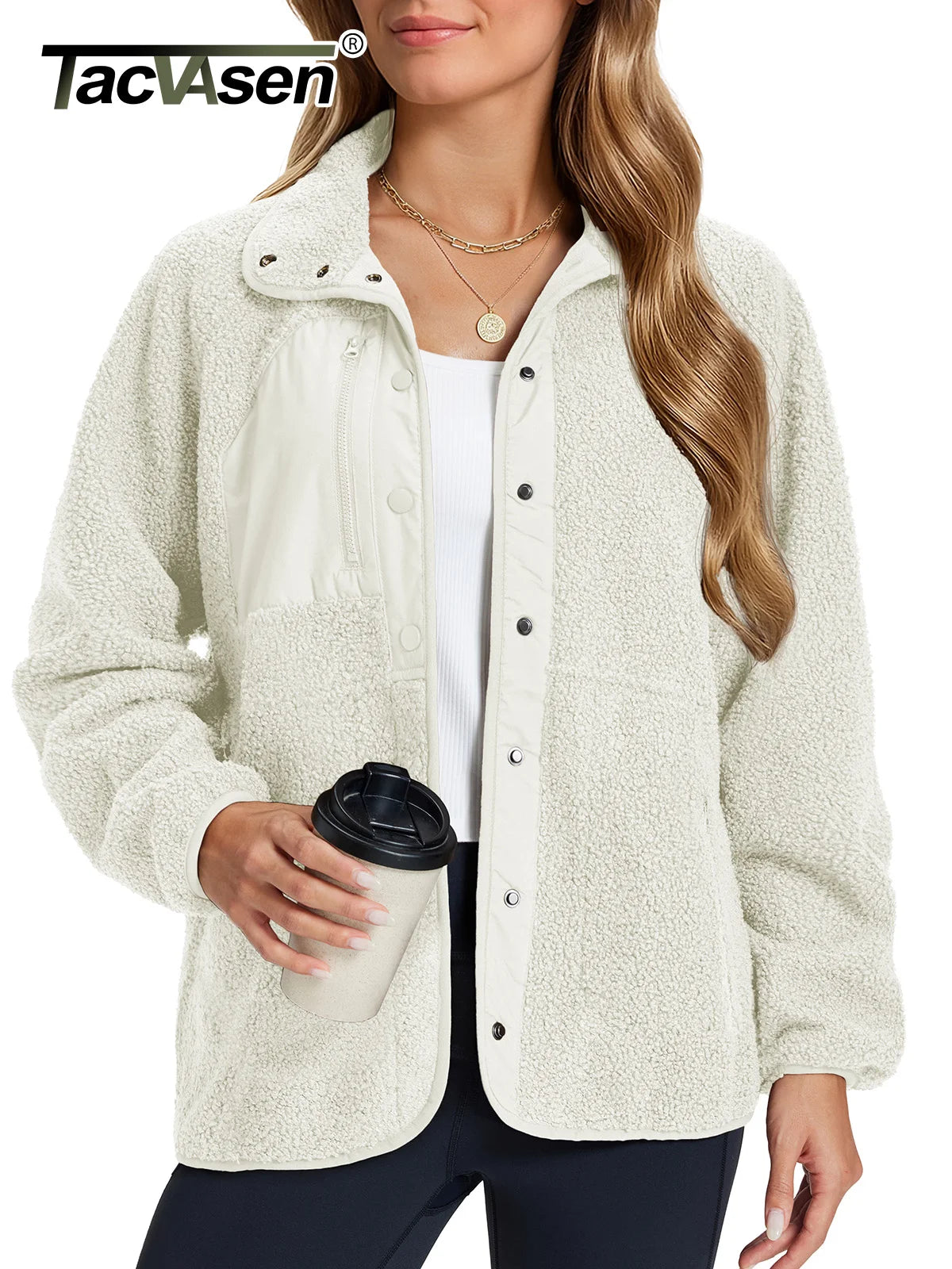 TACVASEN Fuzzy Button Down Sherpa Fleece Jacket Women's Winter Warm Coat Casual Outwear Jacket with Pockets Streetwear Outwear
