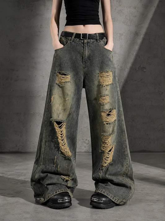 Distressed Ripped Baggy Wide Leg Jeans for Women Vintage Wash Destroyed Denim Pants Y2K Grunge Streetwear Loose Oversized Trousers