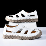 Outdoor Summer Man Sandals Stylish Leather Mens Beach Shoes Outdoor Men  Roman Flats Hollow Out Sandalias New Wading Aqua Shoes