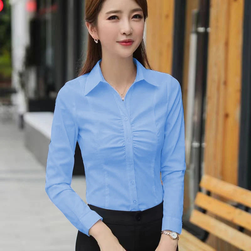 Fashion Turn-Down Collar Folds Shirts Women Autumn Slim Fit Solid White Inner Wear Button Chic Design Versatile Long Sleeve Tops
