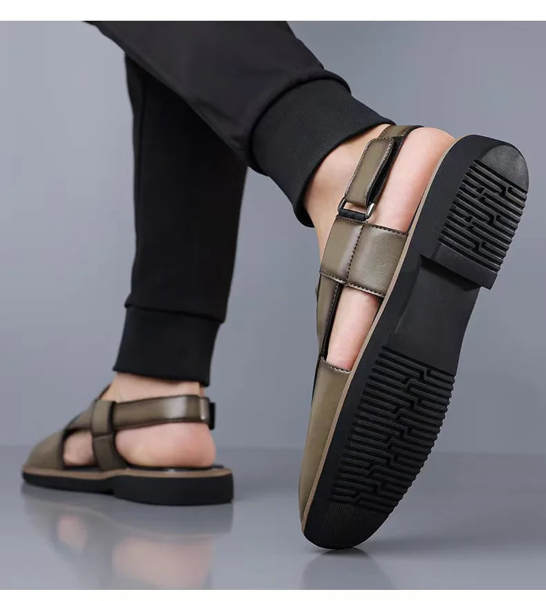 PU Leather Men's Sandals Handmade Stitching Beach Shoes Non Slip Hollow Out Shoes Outdoor Casual Sandaly All-match Man Sandalias