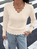 Lightweight Knit Sweaters Top For Women Daily Wear Scallop Edges V Neck Pullover Tops Autumn And Winter Long Sleeved