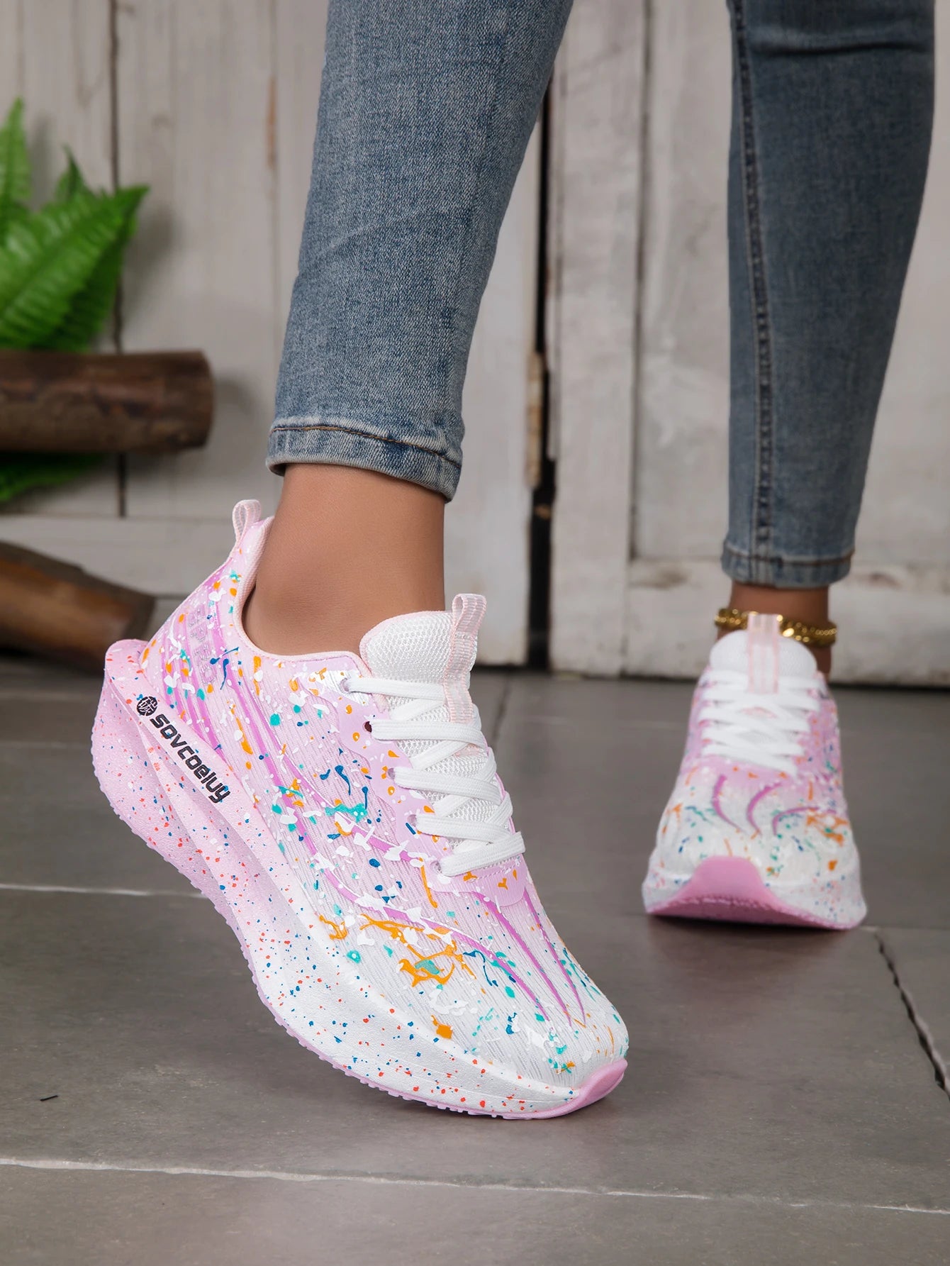 Women Splatter Paint Gradient Running Sneakers Breathable Flying Weave Mesh Lightweight Shock Absorb Non Slip Fashion Athletic Walking Sport Shoes
