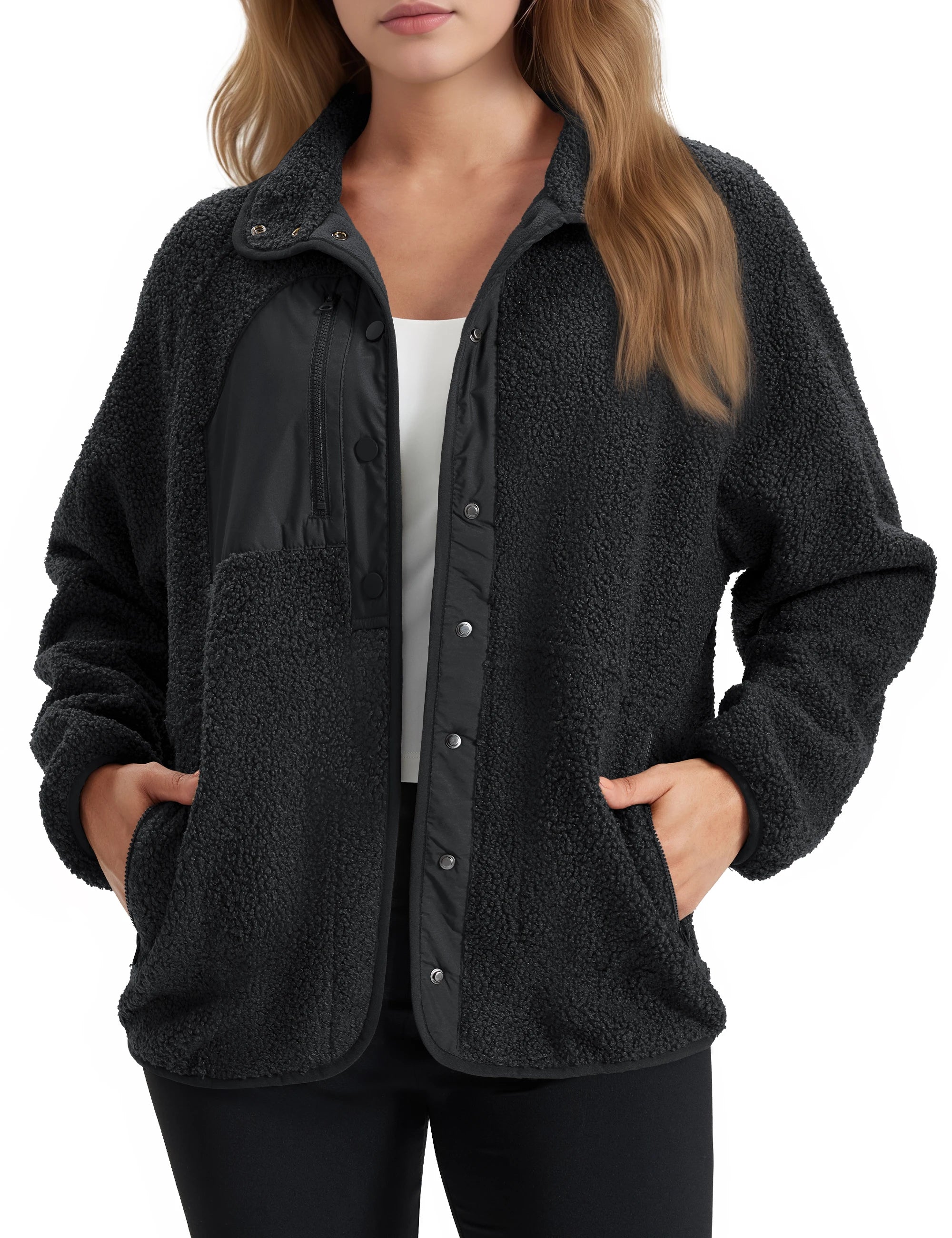 TACVASEN Fuzzy Button Down Sherpa Fleece Jacket Women's Winter Warm Coat Casual Outwear Jacket with Pockets Streetwear Outwear