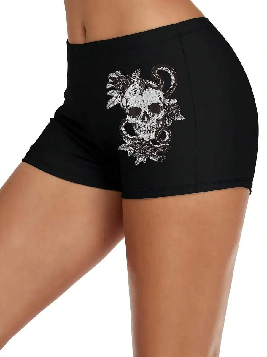 Vintage Skull Snake Rose Art Old Tattoo Women's Swim Shorts, High-Elasticity Quick-Dry, Printed Summer Bikini Shorts