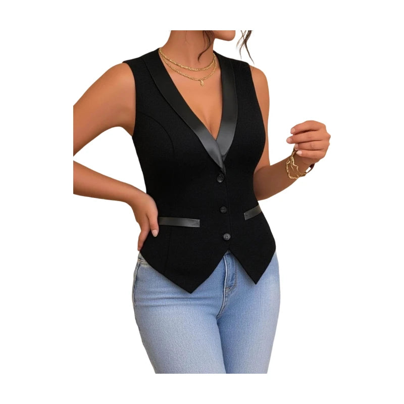 Sleeveless Vest Shawl Lapel Single Breasted Slim Waistcoat Contrast Trim Outfit For Women Office Interview Business Daily Street Elegant Wear