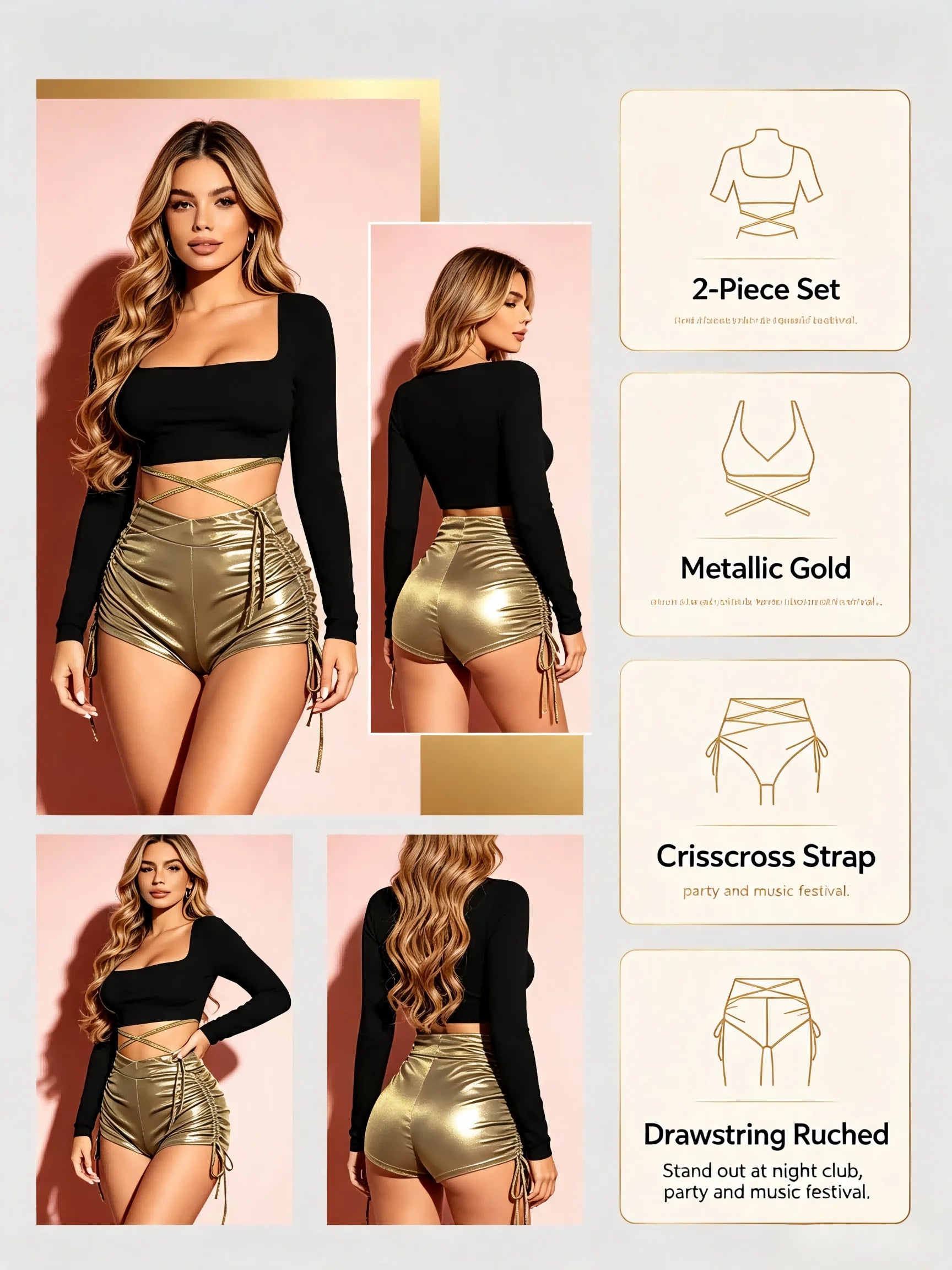 Women 2 Piece Outfits Long Sleeve Crop Top + Metallic Gold Drawstring Ruched Shorts Set Nightclub Party Clubwear Matching Sets