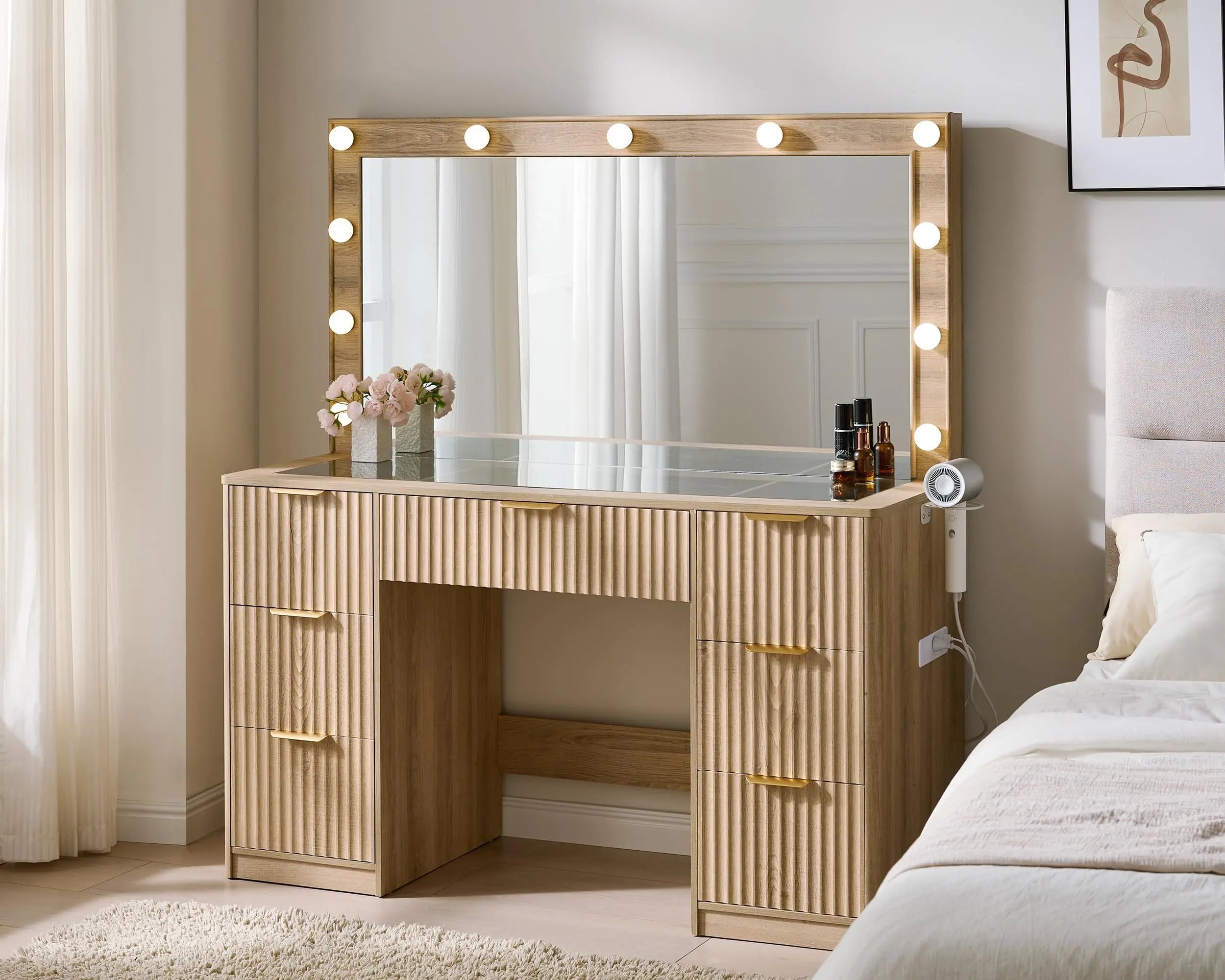 47.2" Fluted Vanity Desk with Large Mirror and Lights, Black | 7 Drawers Large Black Makeup Vanity Table with Glass Top