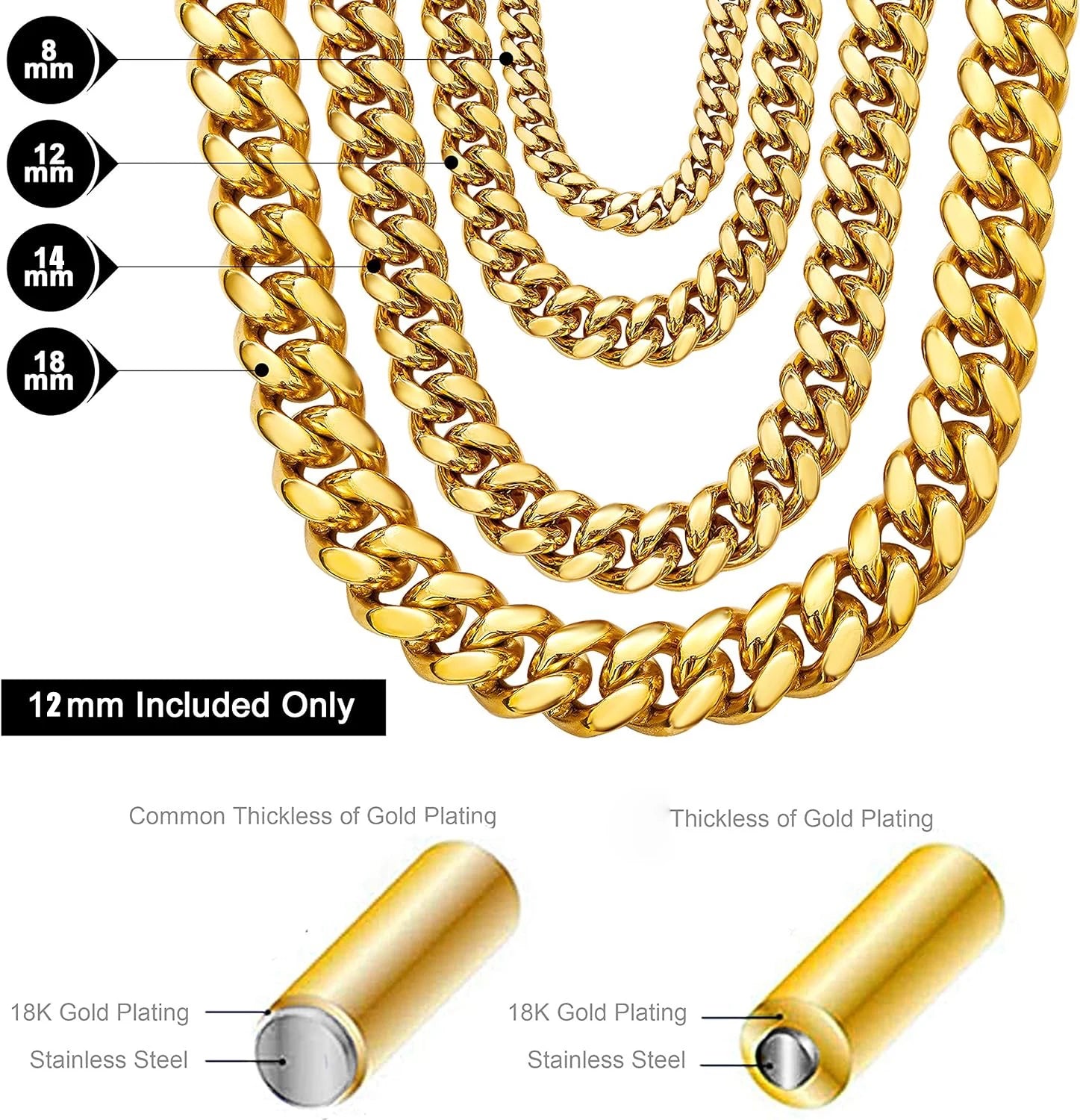 6-14mm Wide Stainless Steel Cuban Miami Chains Necklaces Mens Necklace Chain 316L Stainless Steel Hip Hop Necklace Gold Color