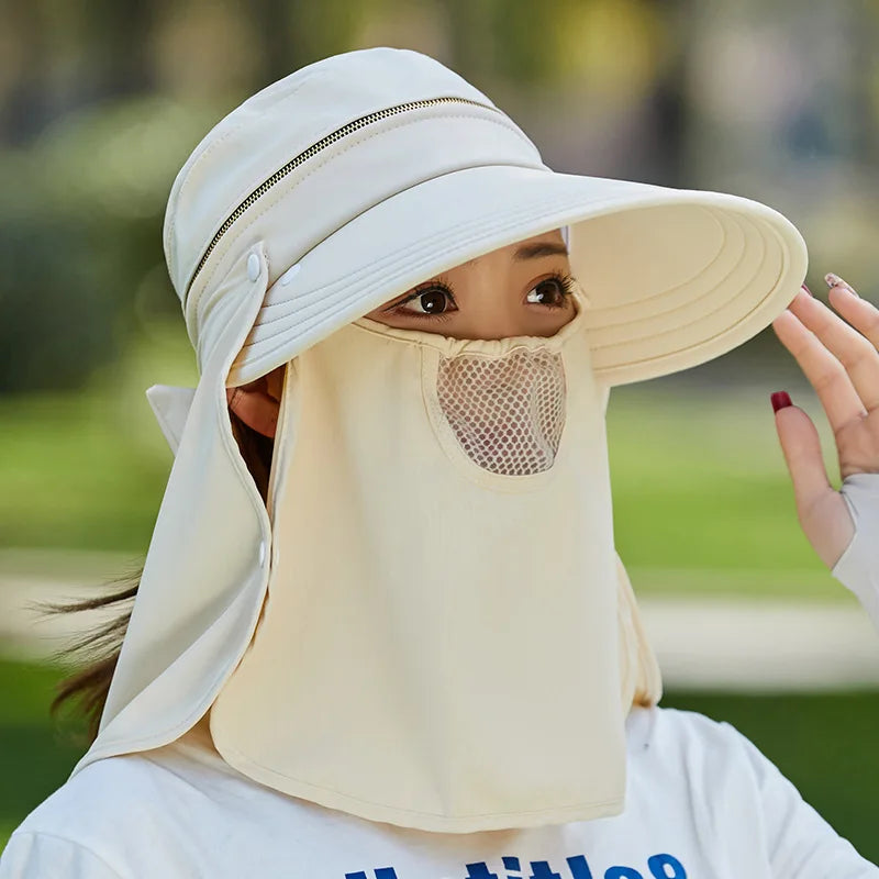 Women Outdoor Riding Anti-UV Sun Hat Foldable Big Brim Hats Neck Face Protection Detachable Mask Sunscreen Breathable Beach Caps