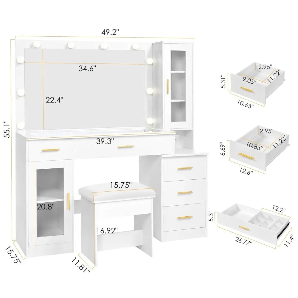 49.2" Large Glass Top Vanity Desk with Lighted Mirror and Stool | White Makeup Vanity table with Nightstand,Power, Custom