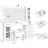 49.2" Large Glass Top Vanity Desk with Lighted Mirror and Stool | White Makeup Vanity table with Nightstand,Power, Custom