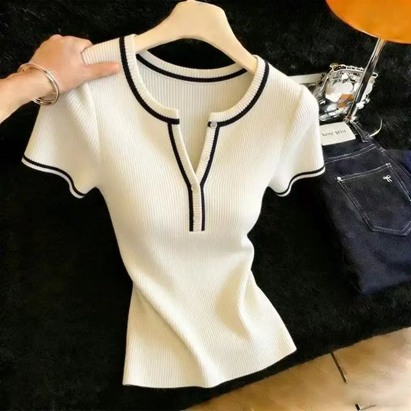 Sweaters O-Neck Knitted Sweater Women Pullovers New Summer Short Sleeve Knit Sweater Pullover Women Tops Sueters De Mujer Q3890