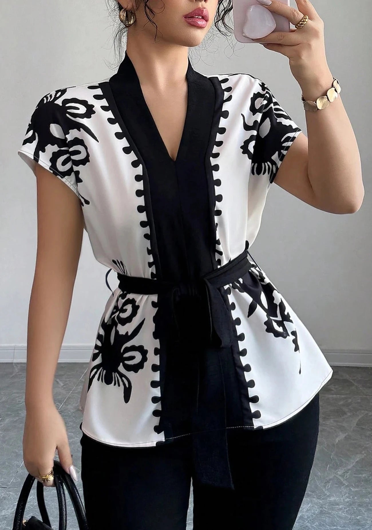 Elegant Summer Commute Floral Print Waist-Cinching Short Sleeve Top for Women Business Casual Shirt