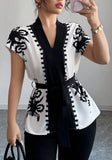 Elegant Summer Commute Floral Print Waist-Cinching Short Sleeve Top for Women Business Casual Shirt