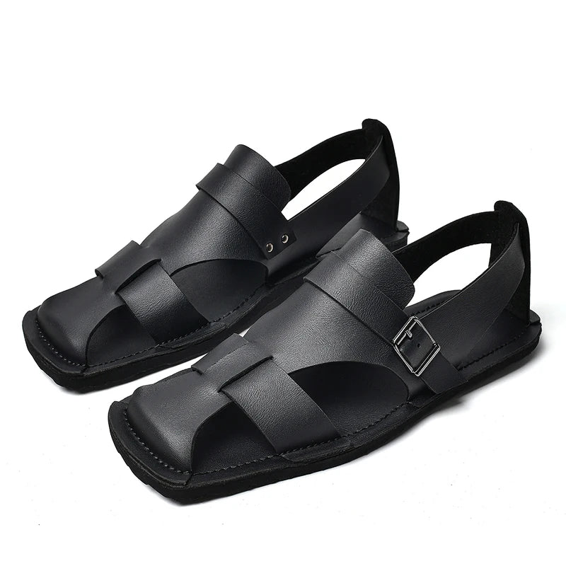 Retro Men's Summer Fashion Hollow Breathable Sandals Comfortable Anti-Slip Wear-Resistant Handmade Roman Style Slippers