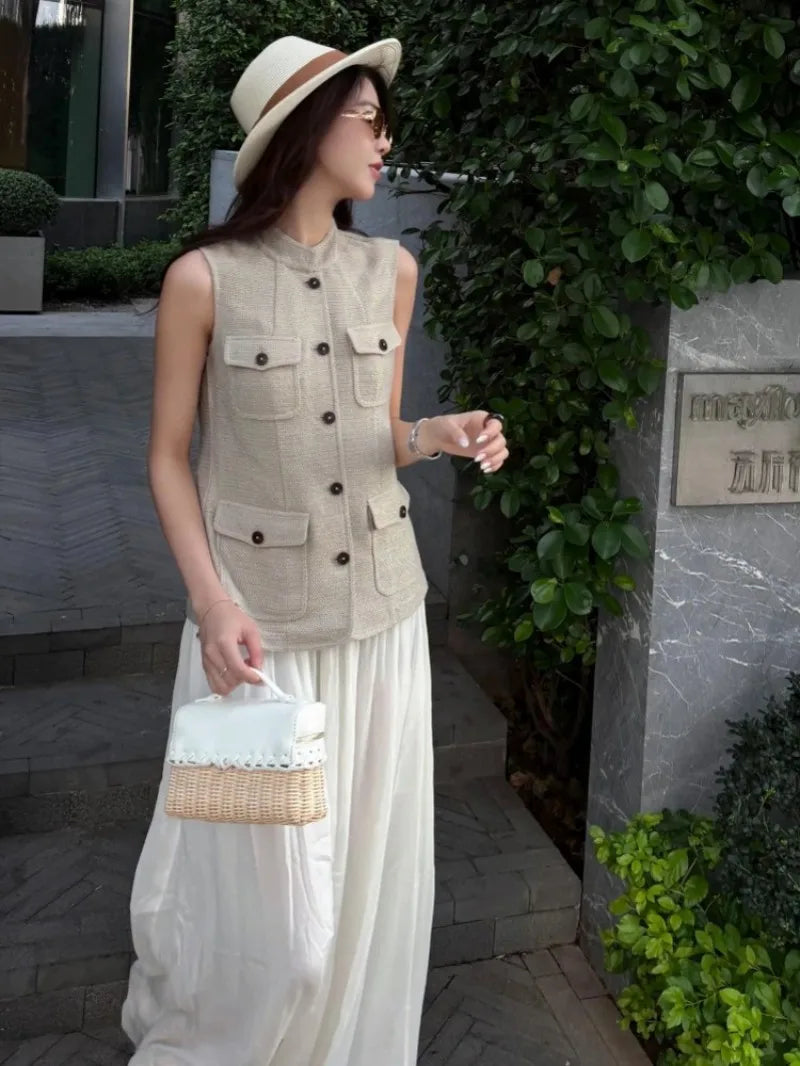Summer Female Hollow Out O Neck Vest New Women Single Breasted Leisure Vests Fashion Thin Sleeveless Jacket Solid Color Tank Top