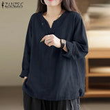 Vintage Women Blouse Autumn Long Sleeve Shirt Female V Neck Work Holiday Blusas ZANZEA Casual Solid Loose Shirt Cotton Chemise
