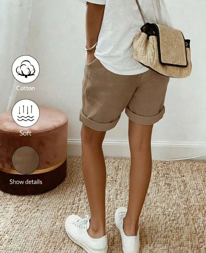 Women's Summer Vintage Modest Linen Casual Drawstring Rolled Hem Shorts,Elastic Waist Textured Fabric Khaki Loose Trousers For Vacation