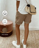 Women's Summer Vintage Modest Linen Casual Drawstring Rolled Hem Shorts,Elastic Waist Textured Fabric Khaki Loose Trousers For Vacation