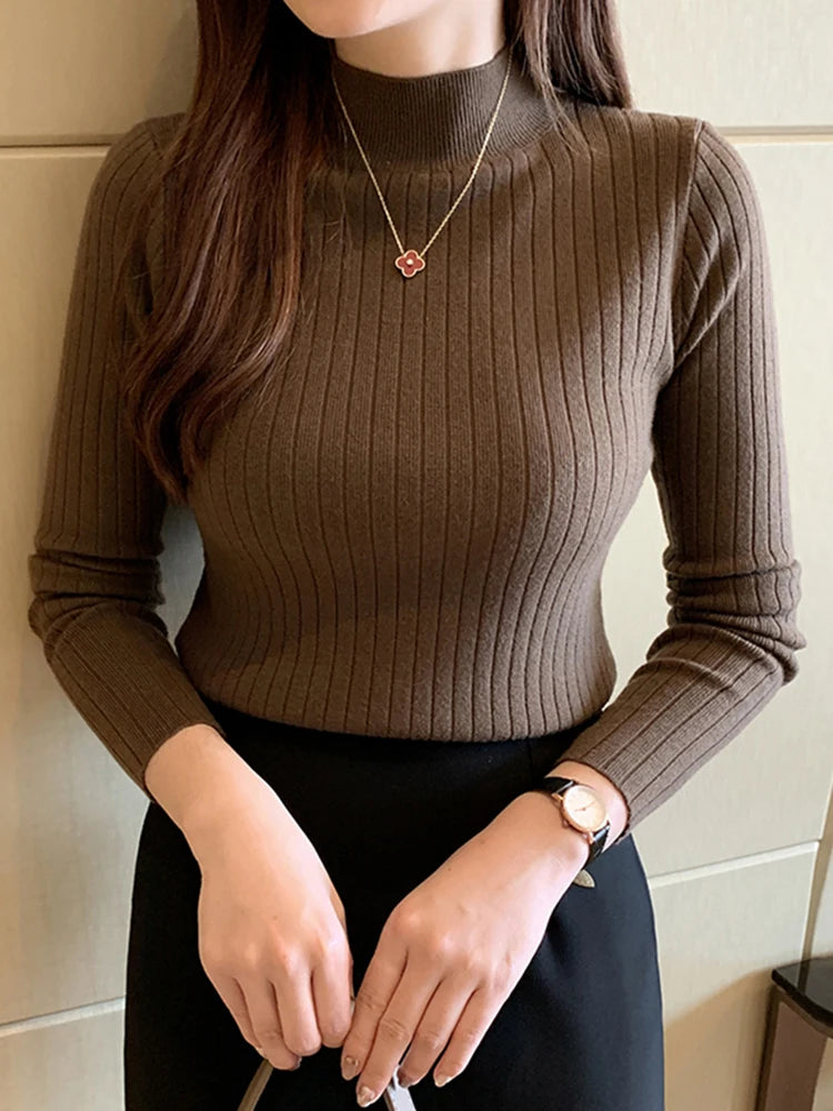 2026 New Autumn Winter Knitted Ribbed Jumper Tops Women Turtleneck Pullovers Sweaters Long Sleeve Korean Slim-fit Female Sweater