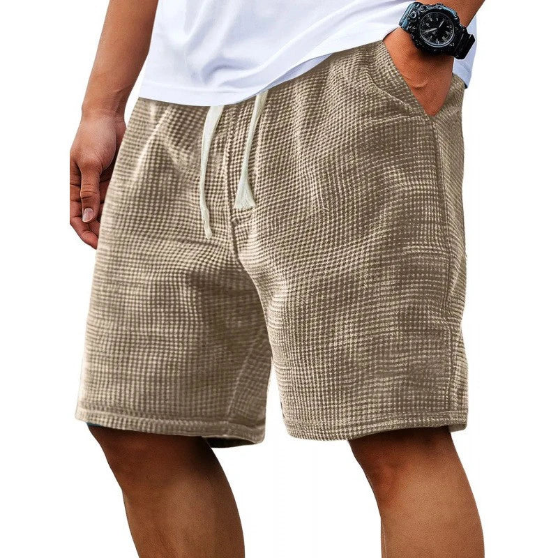 Men Shorts Solid Color Mid Waist Summer Motion Waffle Texture Deep Crotch Drawstring Mens Shorts Loose Knee Length Casual Short