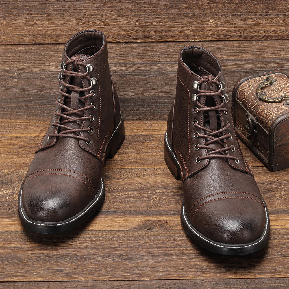CAPTAIN ANKLE BOOTS Men's Vintage Combat Boots Lace-Up Cap Toe Ankle BOOTS