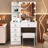 Teousev White LED Makeup Vanity Set with Sliding Mirror, 3-Color Dimmable Lights, 6 Drawers & Stool, Modern Dressing Table