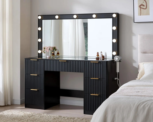 47.2" Fluted Vanity Desk with Large Mirror and Lights, Black | 7 Drawers Large Black Makeup Vanity Table with Glass Top