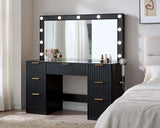 47.2" Fluted Vanity Desk with Large Mirror and Lights, Black | 7 Drawers Large Black Makeup Vanity Table with Glass Top