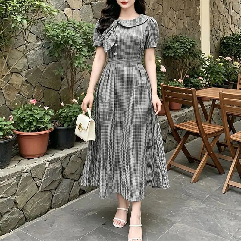 Women Summer Plaid Dress ZANZEA Elegant O Neck Short Sleeve Work Midi Sundress Woman Stylish A Line Holiday Robe Loose Dresses