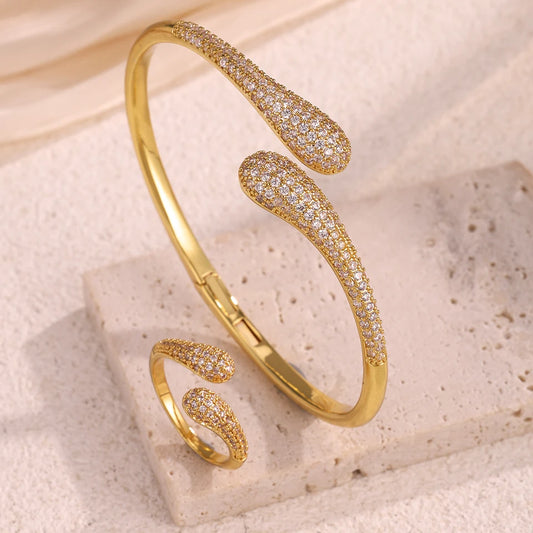 ZAKOL Elegant Brilliant Micropaved Zirconia Water Drop Bracelet Ring Set Luxury Engagement Wedding Party Jewelry for Women