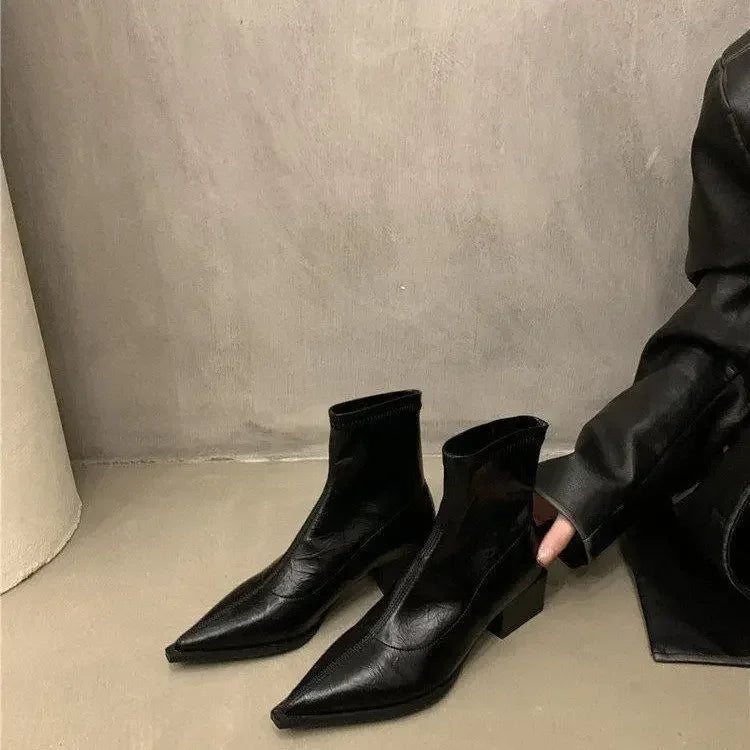 Pointed Toe Women Slim Ankle Boots Fashion Square Low Heel Ladies Elegant Back Zippers Short Booties Women's Footwear