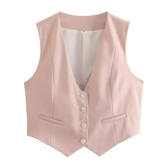 HH Women Casual V-Neck Sleeveless Waistcoat Elegant Fashion Solid Single-breasted Short Vest Chic Tops Female Summer Outerwear