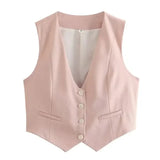 HH Women Casual V-Neck Sleeveless Waistcoat Elegant Fashion Solid Single-breasted Short Vest Chic Tops Female Summer Outerwear