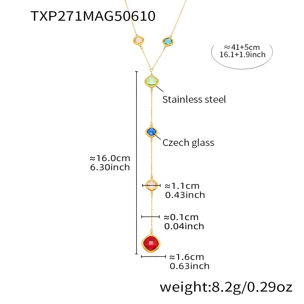 Colorful Long Square Pendant Stainless Steel Necklace for Women Luxury Czech Glass Gold Plated Waterproof Charm Jewelry