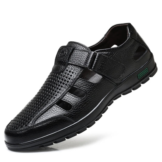 Men's Genuine Leather Sandals Men Summer Hollow Breathable Leather Shoes Mens Casual Soft Comfortable Flats EU Sizes 38-48