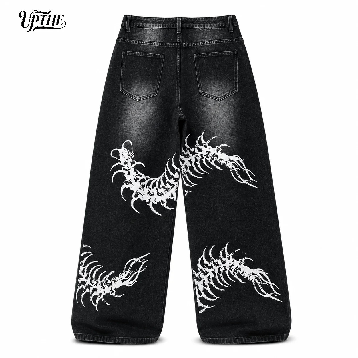 UP.THE Men Black Faded Baggy Wide Leg Jeans, Y2K Oversized Loose White Centipede Skeleton Print Denim Pants, Gothic Grunge Streetwear Trousers for Daily Outfits