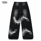UP.THE Men Black Faded Baggy Wide Leg Jeans, Y2K Oversized Loose White Centipede Skeleton Print Denim Pants, Gothic Grunge Streetwear Trousers for Daily Outfits