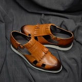 Classy Trending Mens Tassel Sandals Genuine Leather Buckle Strap Hollow Out Summer Casual Shoes for Men Comfortable Breathable