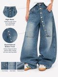 Women's Asymmetric Button Front Baggy Jeans, High Waist Vintage Washed Wide Leg Denim Pants Y2K Streetwear Loose Barrel Jeans for Daily Wear